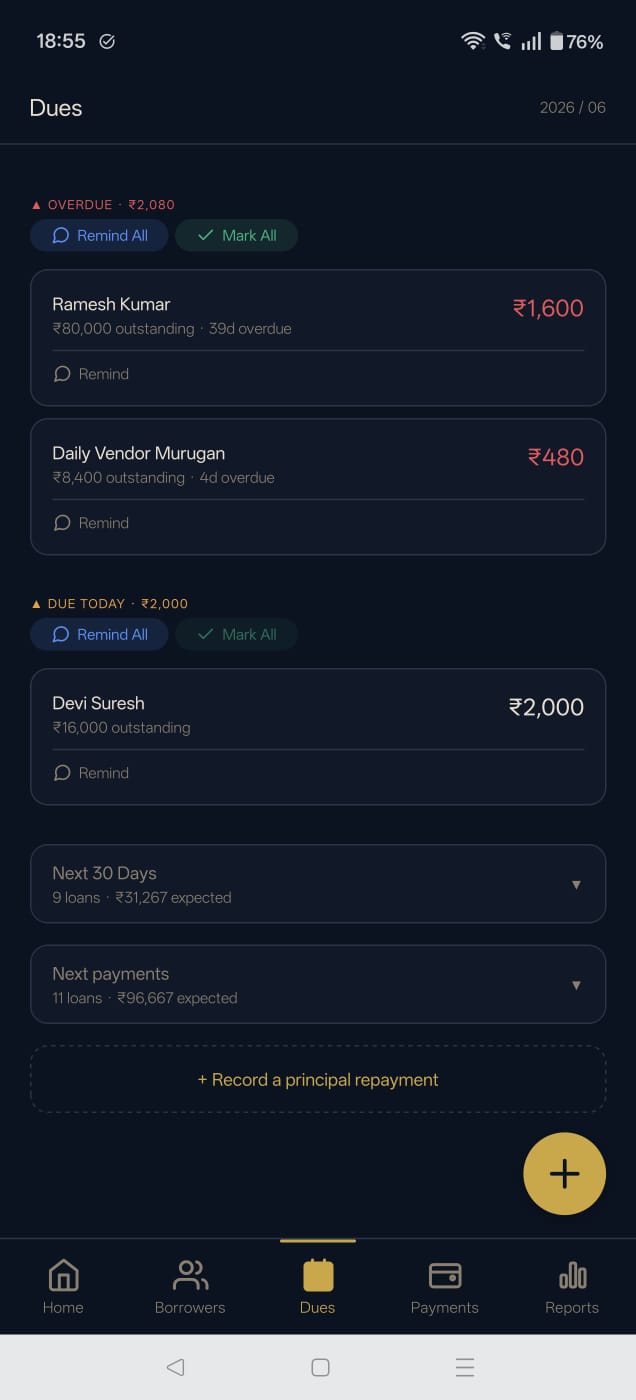 LendBook dues screen — overdue and due-today collections with reminders
