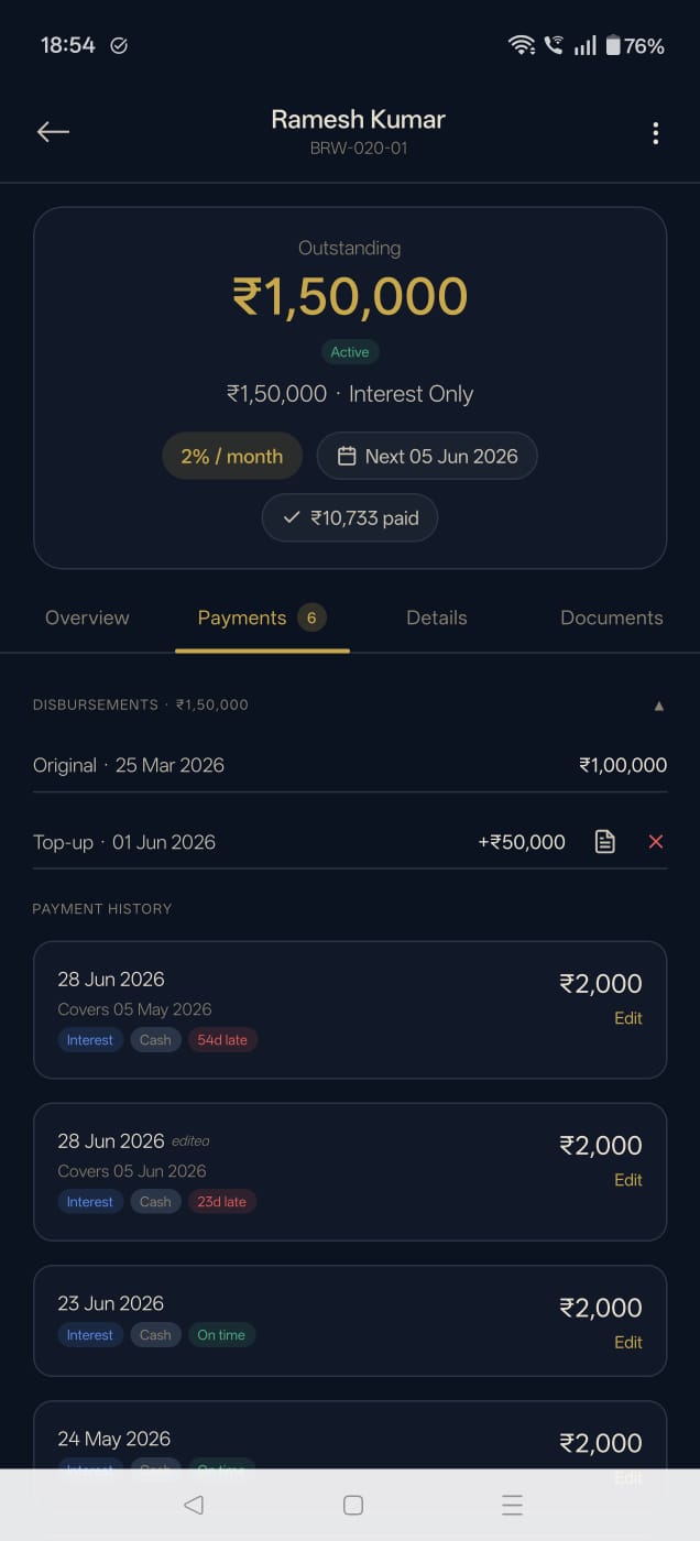 LendBook loan detail — disbursements, a top-up and full payment history with on-time / late tags